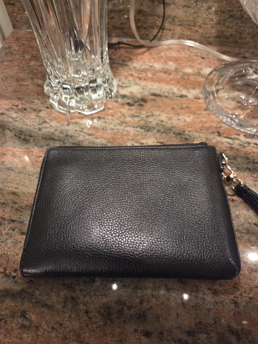 Tory Burch Black Leather Wristlet with Gold Logo